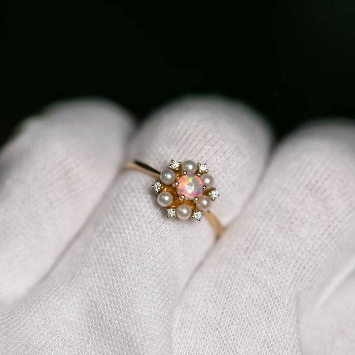 Engagement Ring with Opal Pearls Diamonds