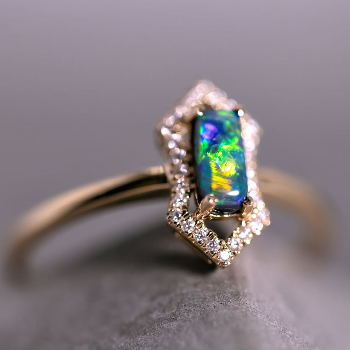 Ethereal Prism - Halo Diamond Black Opal Engagement Ring