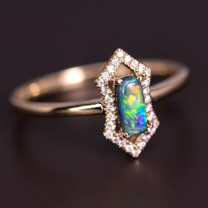 Ethereal Prism - Halo Diamond Black Opal Engagement Ring
