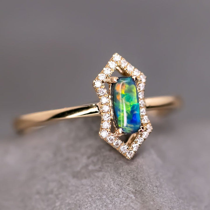 Ethereal Prism - Halo Diamond Black Opal Engagement Ring