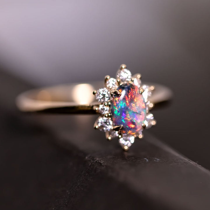 Exquisite Black Opal & Halo Diamond Engagement Wedding Ring