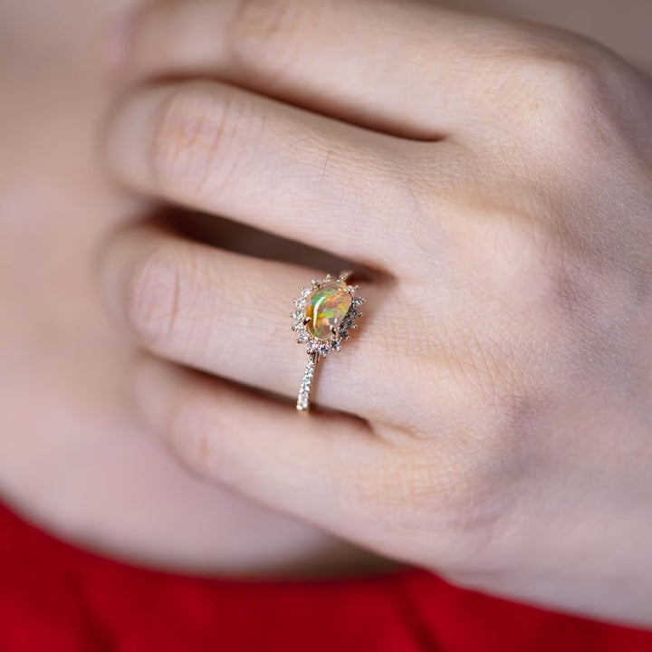 Exquisite Fire Opal Halo Diamond Engagement Ring