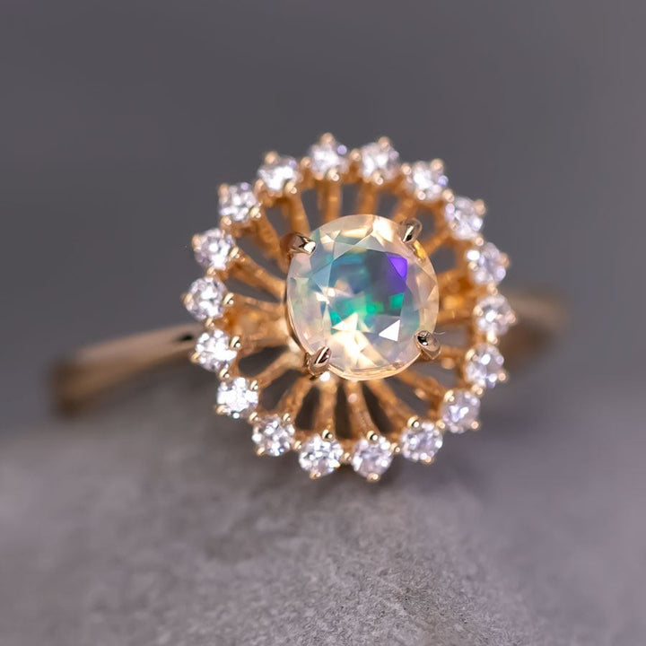 Faced Fire Opal Halo Diamond Engagement Ring
