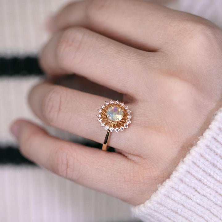 Faced Fire Opal Halo Diamond Engagement Ring