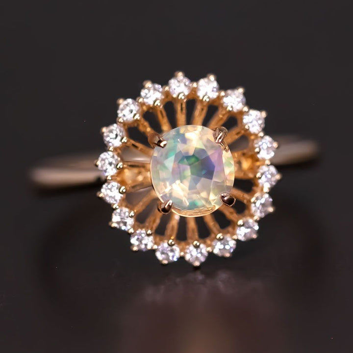 Faced Fire Opal Halo Diamond Engagement Ring