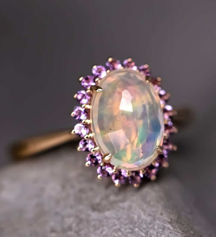 Faceted Fire Opal Amethyst Engagement Ring