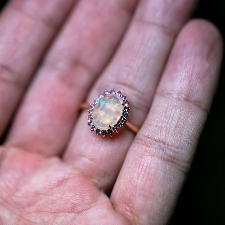 Faceted Fire Opal Amethyst Engagement Ring