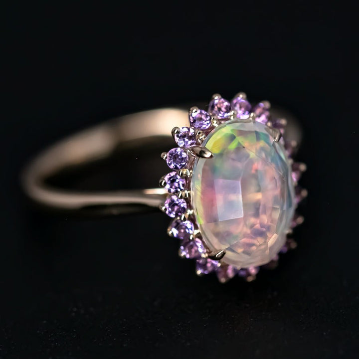 Faceted Fire Opal Amethyst Engagement Ring