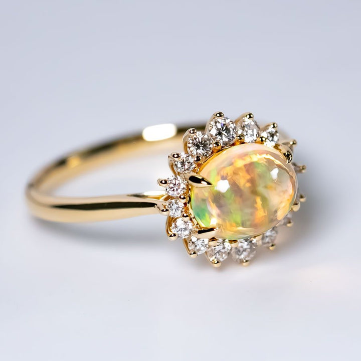 Fire Opal Halo Diamond Engagement Ring