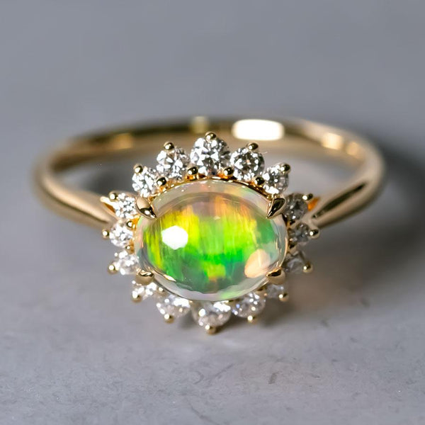 Fire Opal Halo Diamond Engagement Ring