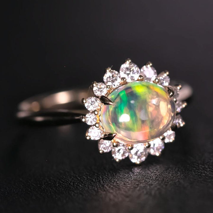 Fire Opal Halo Diamond Engagement Ring