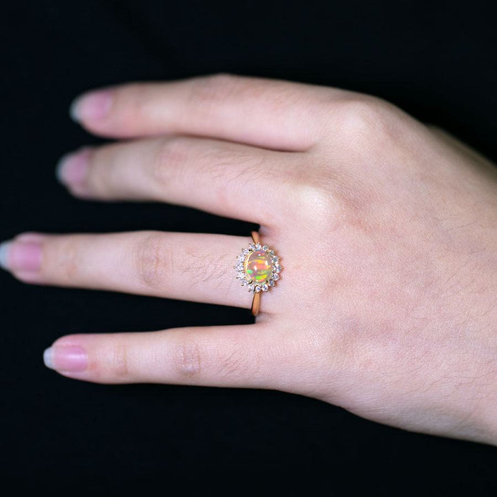 Fire Opal Halo Diamond Engagement Ring