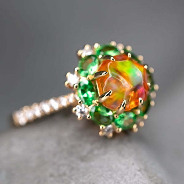 Fire Opal Tsavorite Diamond Engagement Ring 