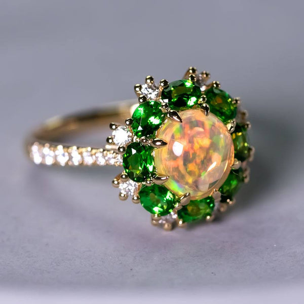 Fire Opal Tsavorite Diamond Engagement Ring