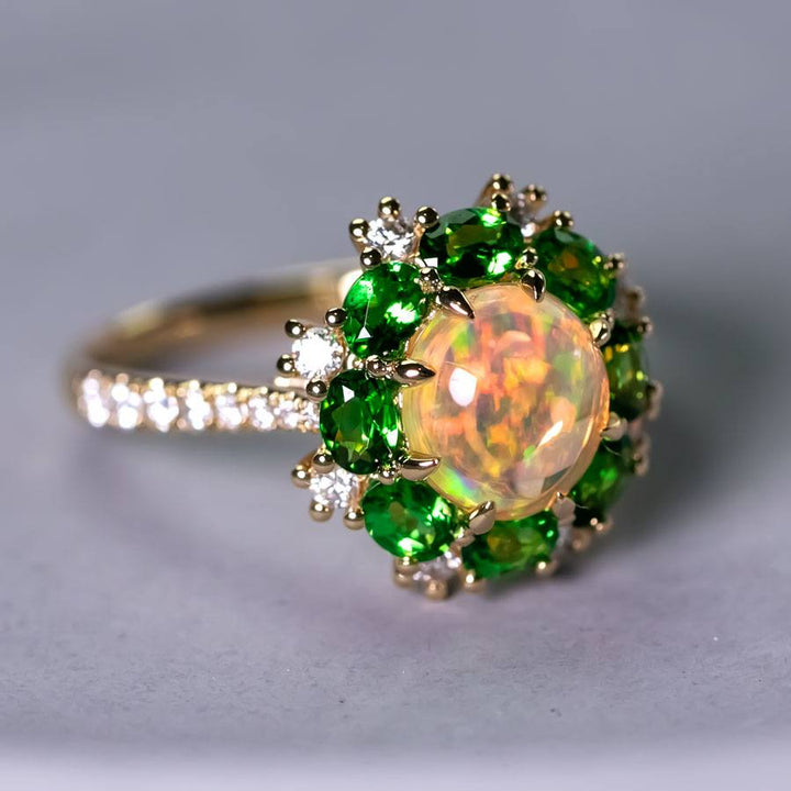 Fire Opal Tsavorite Diamond Engagement Ring