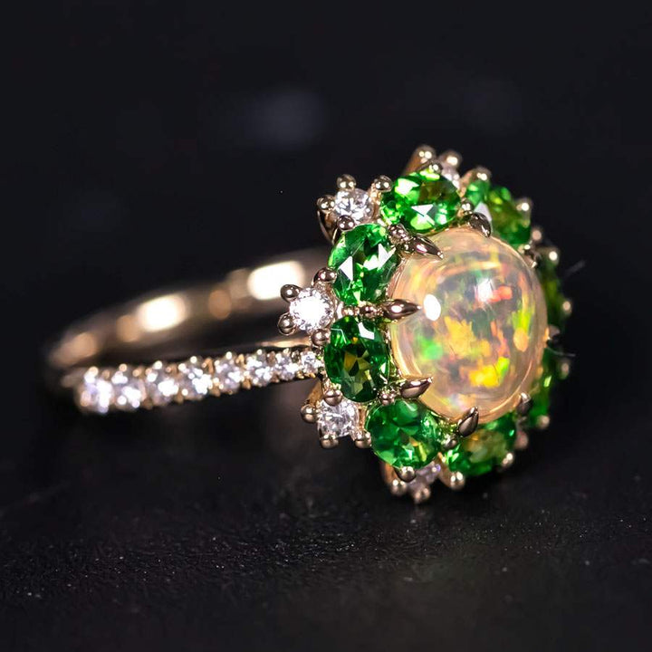 Fire Opal Tsavorite Diamond Engagement Ring