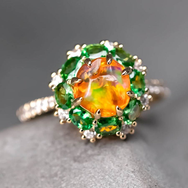 Fire Opal Tsavorite Diamond Engagement Ring 