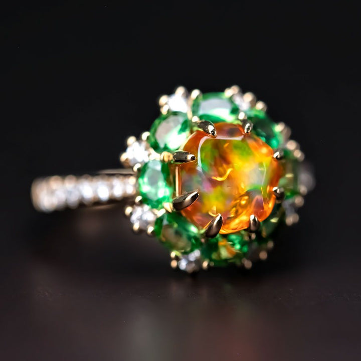 Fire Opal Tsavorite Diamond Engagement Ring 
