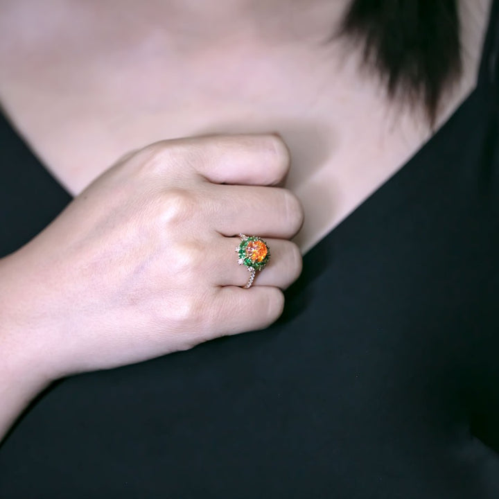 Fire Opal Tsavorite Diamond Engagement Ring 