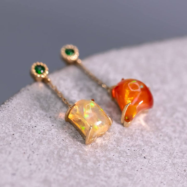 Fire Opal Tsavorite Drop Earrings