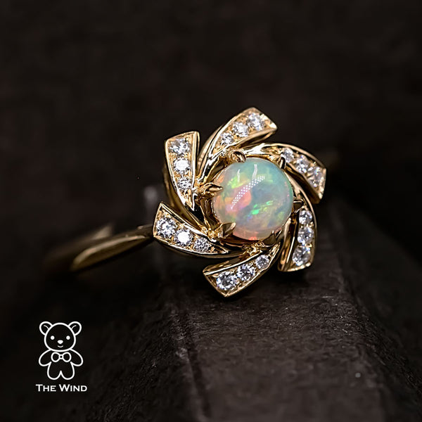 Flower Design Australian Solid Opal Diamond Engagement Wedding Ring-1