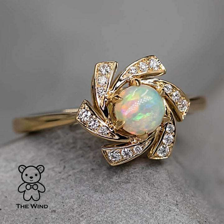 Flower Design Australian Solid Opal Diamond Engagement Wedding Ring-2