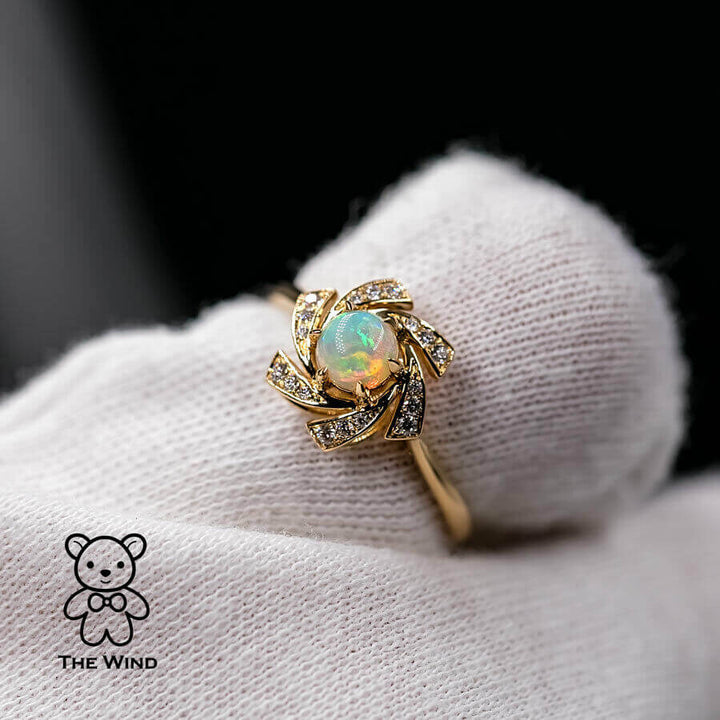 Flower Design Australian Solid Opal Diamond Engagement Wedding Ring-6