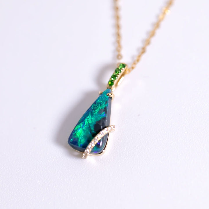 Green Colored Black Opal & Diamond Tsavorite Necklace