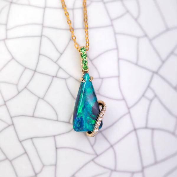 Green Colored Black Opal & Diamond Tsavorite Necklace