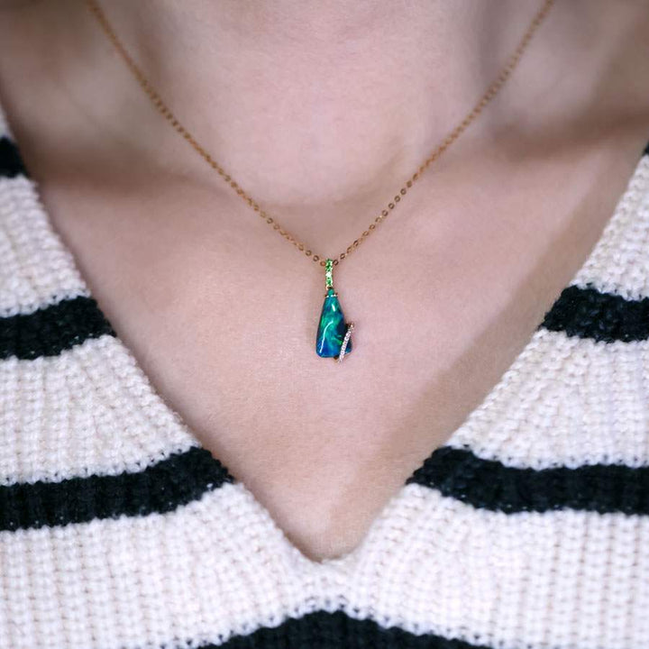 Green Colored Black Opal & Diamond Tsavorite Necklace