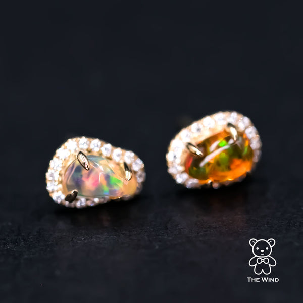 Two Tone Fire Opal Halo Diamond Stud Earrings-1