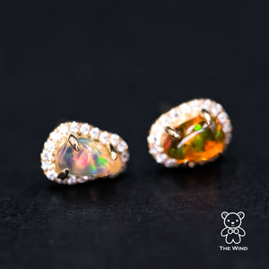 Two Tone Fire Opal Halo Diamond Stud Earrings 18k Yellow Gold