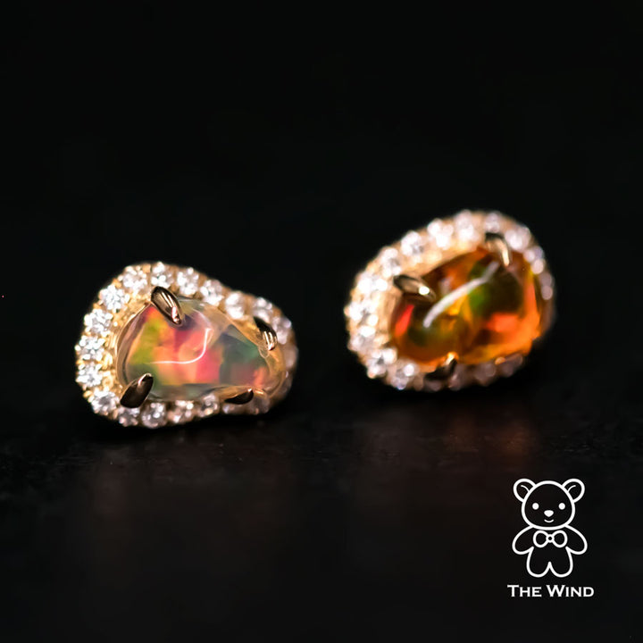 Two Tone Fire Opal Halo Diamond Stud Earrings-3