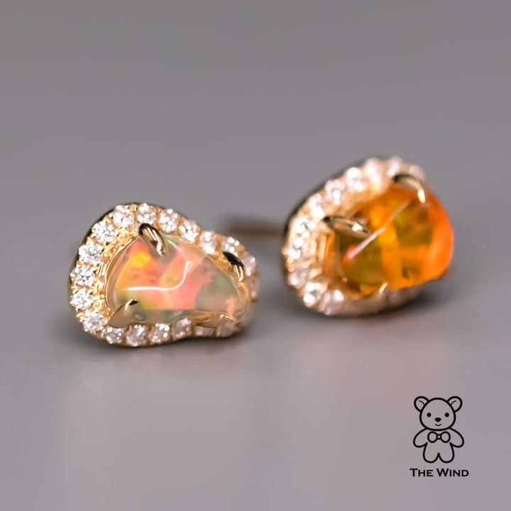 Two Tone Fire Opal Halo Diamond Stud Earrings-2