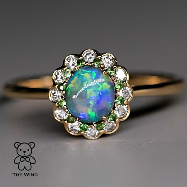 Halo Diamond Australian Semi-Black Opal Tsavorite Engagement Ring-1