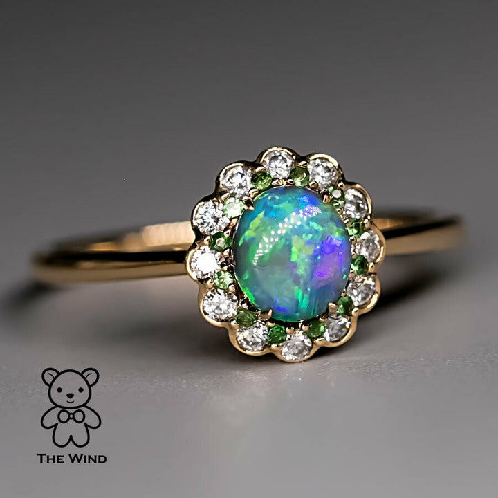 Halo Diamond Australian Semi-Black Opal Tsavorite Engagement Ring-2