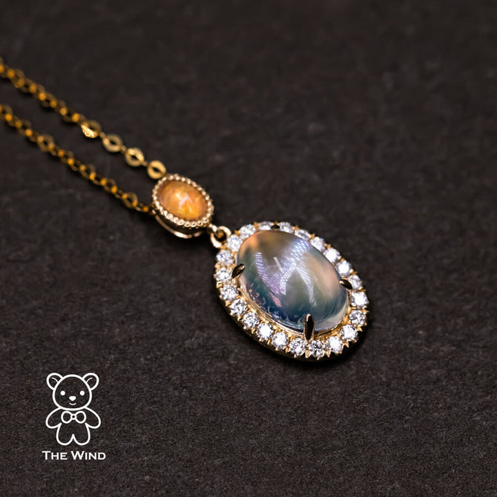 Halo Diamond Blue Sheen Moonstone Fire Opal Pendant Necklace-1