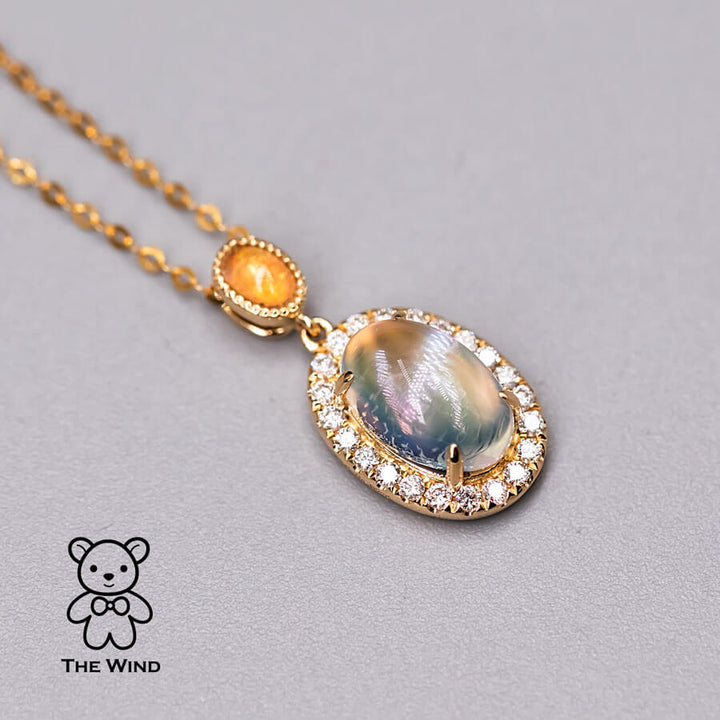 Halo Diamond Blue Sheen Moonstone Fire Opal Pendant Necklace-3