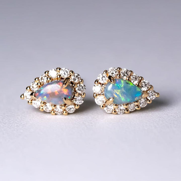 Halo Diamond Pear Black Opal Stud Earrings