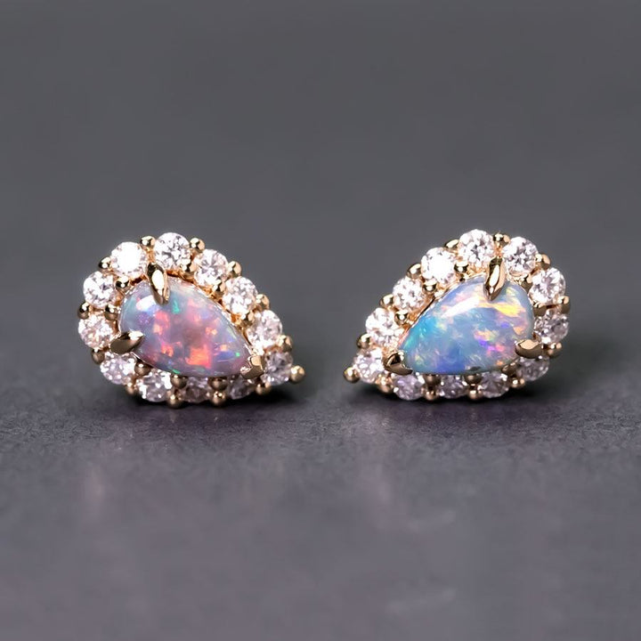 Halo Diamond Pear Black Opal Stud Earrings
