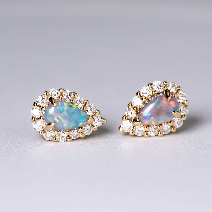 Halo Diamond Pear Black Opal Stud Earrings