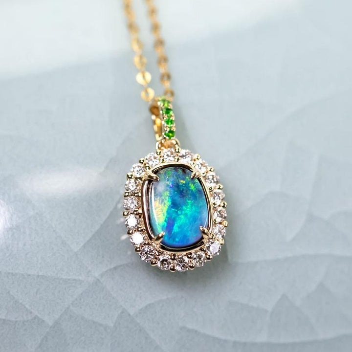 Halo Diamond Tsavorite Boulder Opal Necklace