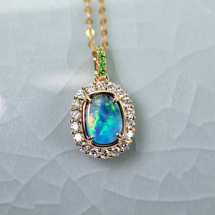 Halo Diamond Tsavorite Boulder Opal Necklace