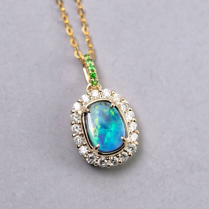 Halo Diamond Tsavorite Boulder Opal Necklace