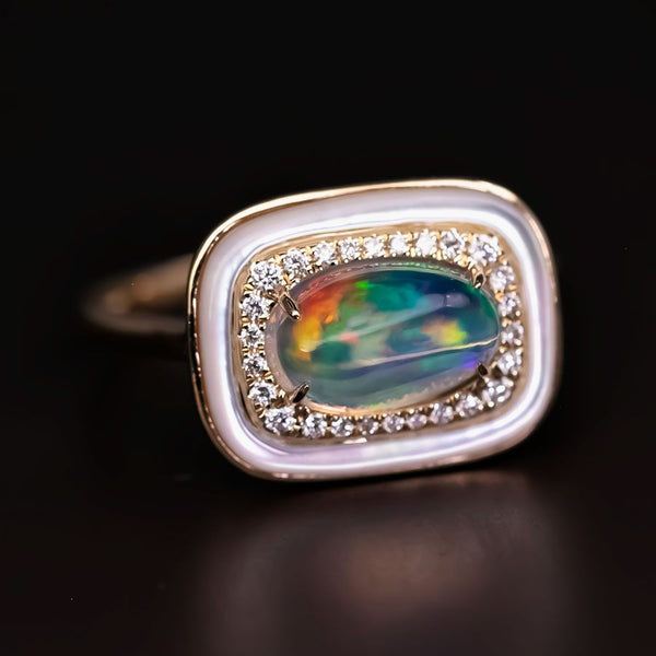 Halo de Fuego - Fire Opal Diamond Engagement Ring