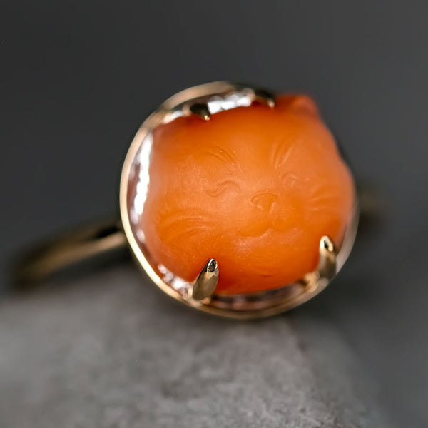 Hand Carved Kitty Cat Fire Opal Engagement Ring