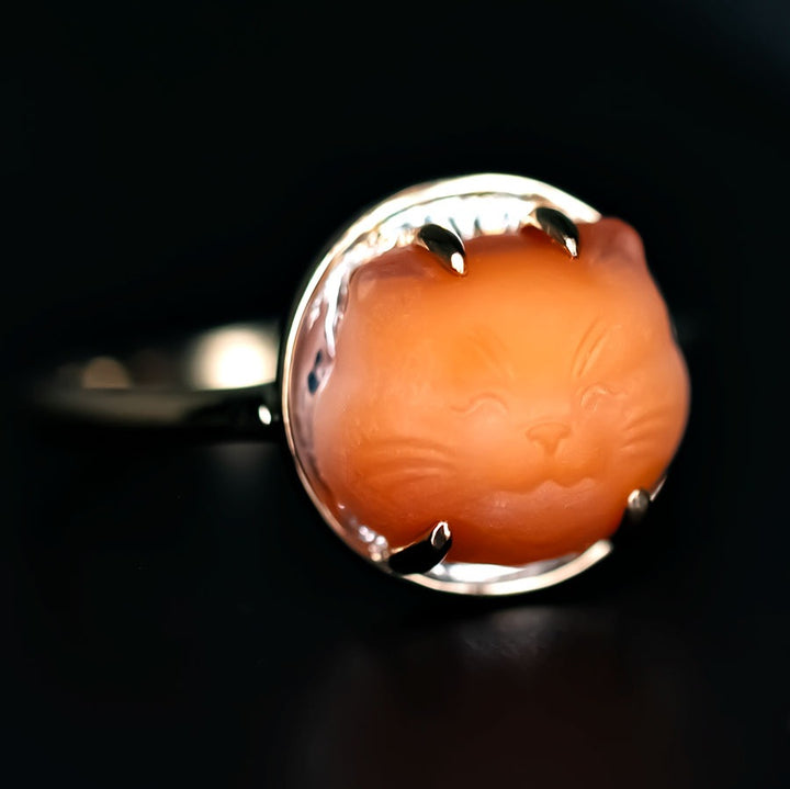 Hand Carved Kitty Cat Fire Opal Engagement Ring