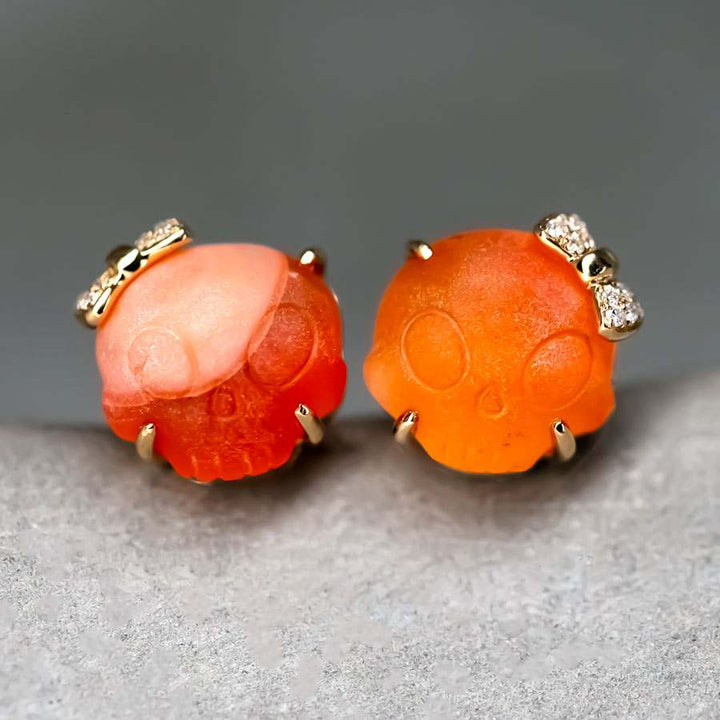 Hand Carved Skull with Diamond Bows Fire Opal Stud Earrings