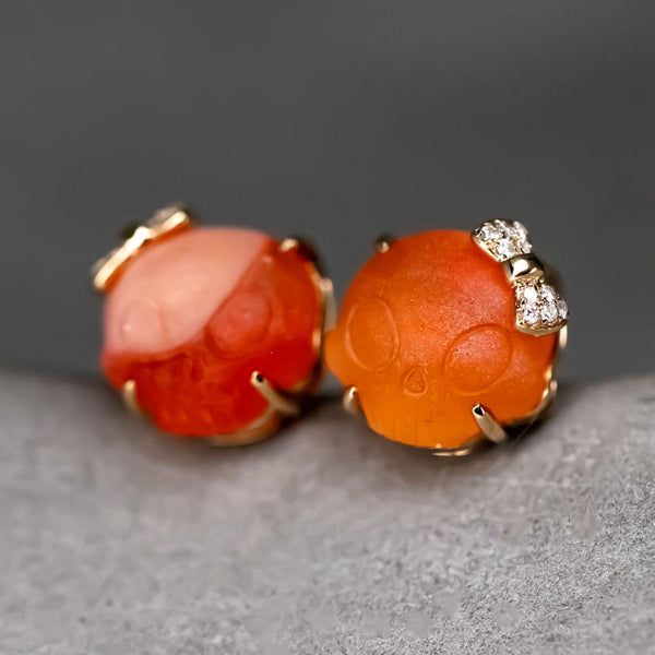 Hand Carved Skull with Diamond Bows Fire Opal Stud Earrings