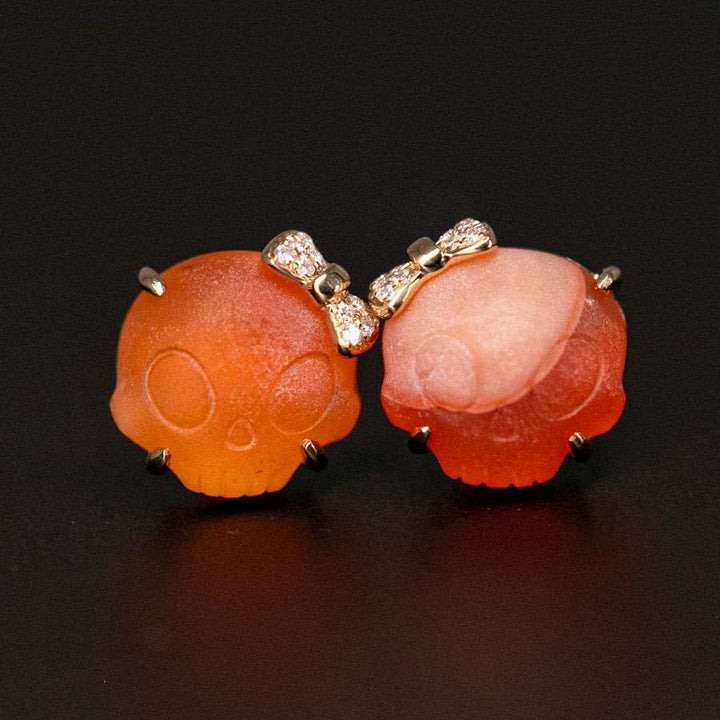 Hand Carved Skull with Diamond Bows Fire Opal Stud Earrings